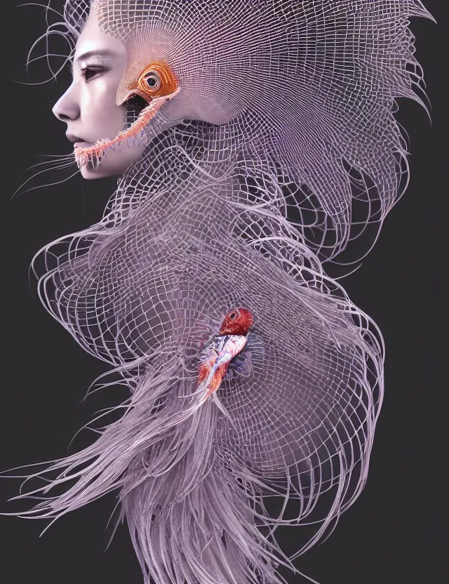 Image similar to 3 d goddess close - up profile portrait with ram skull. beautiful intricately detailed japanese crow jellyfish phoenix, bio luminescent, plasma kitsune mask and clasical japanese kimono. betta fish, jellyfish phoenix, bio luminescent, plasma, ice, water, wind, creature, artwork by tooth wu and wlop and beeple and greg rutkowski