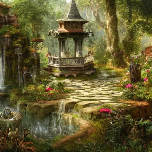 Prompt: a beautiful and highly detailed matte painting of a magical wishing well in a fantasy garden in a lush forest deep in the mystical mountains, intricate details, epic scale, insanely complex, 8 k, sharp focus, hyperrealism, very realistic, by caspar friedrich, albert bierstadt, james gurney, brian froud,