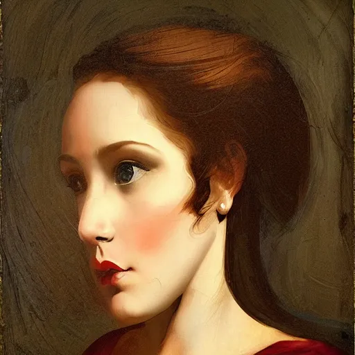 Image similar to by ron garney renaissance painting straight, lavish. a beautiful computer art of a person in profile, with their features appearing both in front of & behind their head.