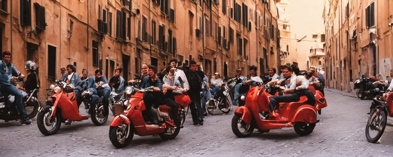 Image similar to a group of people on the streets of rome riding in a motorcycle made of spaghetti, canon 5 0 mm, cinematic lighting, photography, retro, film, kodachrome