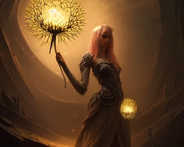 Image similar to 4 k cinematic still portrait of a human figure dandelion monster in a dark liminal space room, amber glow, deep focus, d & d, fantasy, intricate, elegant, highly detailed, digital art, art station, concept art, matte, sharp focus, illustration, dark fantasy art, hearthstone, art by artgerm and greg rutkowski and alphonse mucha