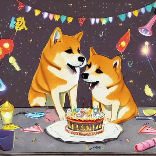 Image similar to expensive birthday card with happy shiba inu dogs eating birthday cake, Nintendo game art, Hayao Miyazaki, intricate detail, illustration, beautiful lighting,