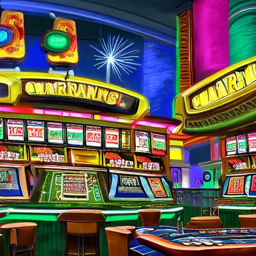 Prompt: post modern 4 k realistic painting of quark's gambling establishment