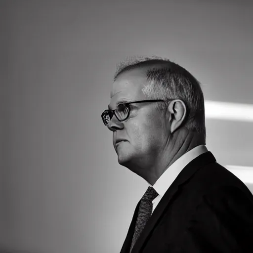 Image similar to ultrarealistic photo of former prime minister scott morrison lurking in the shadows in the style of film noir, full body, hiding, high contrast, 8 k, raw, unedited, symmetrical balance, in - frame