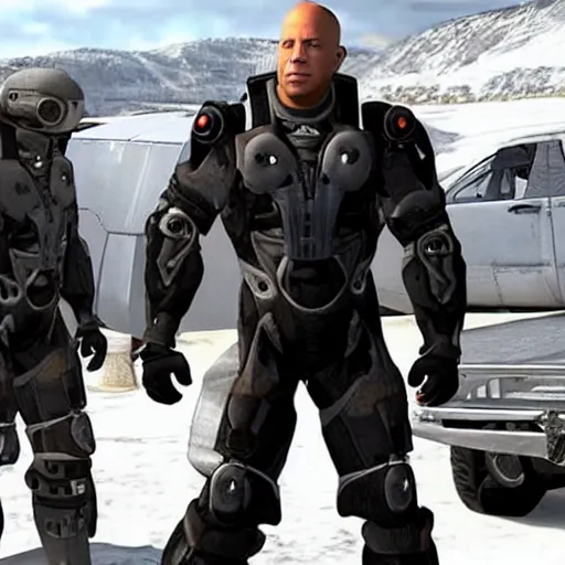 Image similar to Vin Diesel donning an HEV Mk. V suit starring in Half-Life 2 on the Borealis