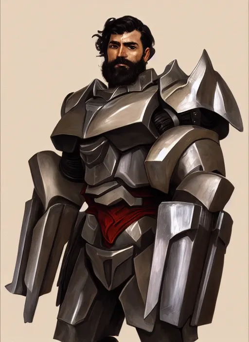 Image similar to medium-length portrait of a male paladin with short curly hair and a dark beard, dark brown skin, happy expression, wears a suit of power armor, gundam, medieval setting, highly detailed, digital painting, artstation, concept art, sharp focus, illustration, art by greg rutkowski and alphonse mucha