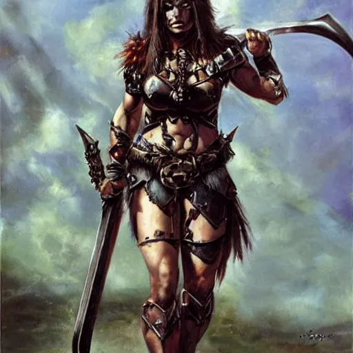 Image similar to portrait of a muscular goth emo girl wearing armor and holding sword by frank fazetta, fantasy, barbarian