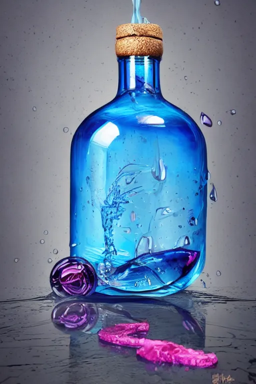 Prompt: art concept of a blue and magenta liquid dietary supplement in a transparent bottle designed like a racing tyre mixed with a an exotic woodboard, cold sober tones, style by huang guangjian