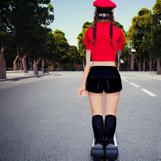 Prompt: Teenage girl, French girl, black beret, black beret with a red star, black shirt with red star, black leather shorts, rollerblading, rollerskates, city on a hillside, colorful buildings, cel shaded, 3D model, Unreal Engine