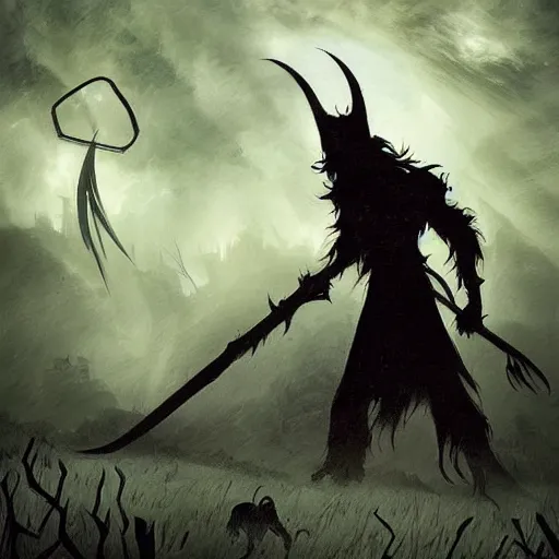 Image similar to fantasy art sillohuette character with scythe standing in for ground, menacing werewolf in background, intense, stunning, unsettling ( dark colors ) ( mist )