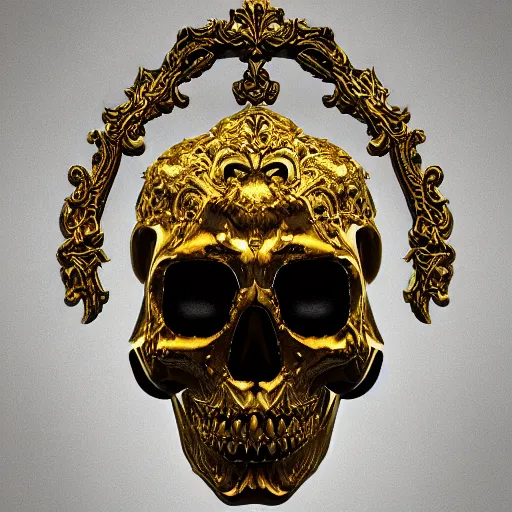 Prompt: 3d golden and black skull engraved with baroque ornaments. trending on artstation. octane render. dark art. gothic art. symmetrical artwork