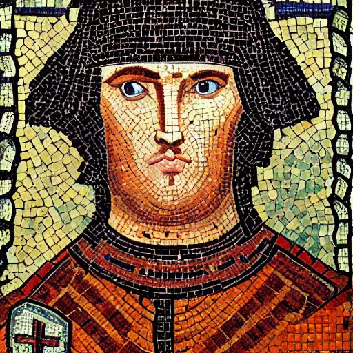 Prompt: realistic portrait of a medieval soldier as a byzantine mosaic, robbes with crosses, perfect face, perfect eyes, very detailed, very realistic, elegant, top art, renowed artwork