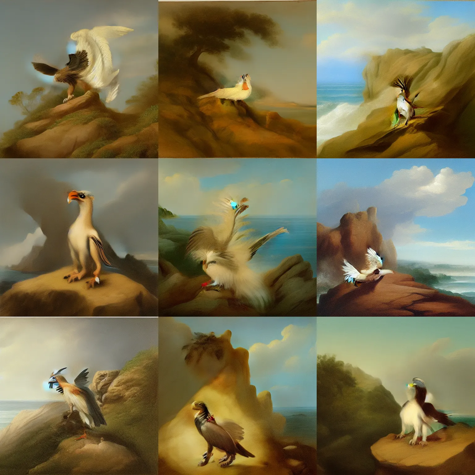 Prompt: a gryphon on a cliff, near the sea, full of waves, romantic painting, 1 8 0 0 s