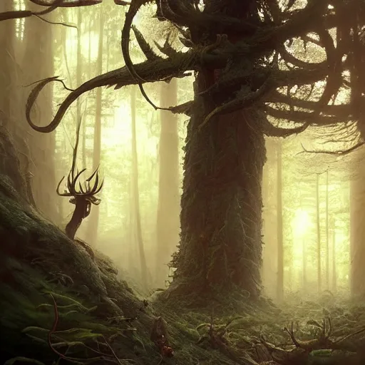 Image similar to highly detailed creepy forest creature with antlers, stephen bliss, unreal engine, fantasy art by greg rutkowski, loish, rhads, ferdinand knab, makoto shinkai and lois van baarle, ilya kuvshinov, rossdraws, tom bagshaw, global illumination, radiant light, detailed and intricate environment