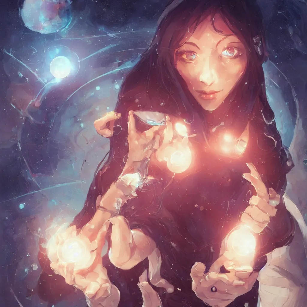 Prompt: a beautiful female scientist holding a small black hole in her hands, anime art, symmetrical facial features, symmetrical proportions, illustration, style by jordan grimmer and greg rutkowski