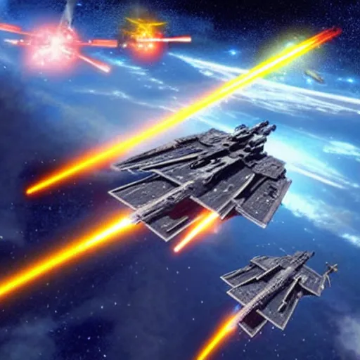 Prompt: Battle between an Imperial Star Destroyer and X-Wing fighters shooting lasers at eachother, the battle takes place inside the atmosphere of a planet