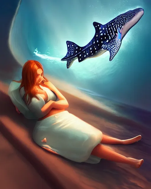 Image similar to whale shark and beautiful girl, radiant lighting, cinematic, artstation