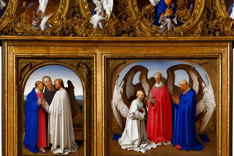 Image similar to a beautiful painting by Van der Weyden and Murillo depicting a gay couple being married by a catholic priest in a magnificent baroque church, all three persons are standing before the altar and are surrounded by angels and doves