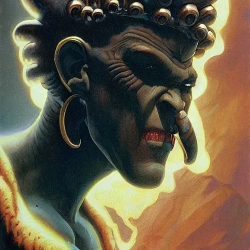 Prompt: head and shoulders portrait of an obsidian - skinned fire giant, d & d, fantasy, greg rutkowski, frank frazetta, alexandre chaudret, boris vallejo, michael whelan, miro petrov, hr giger, magali villeneuve, donato giancola