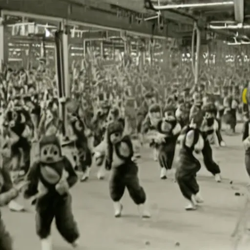 Prompt: a film still of the Oompa Loompa uprising as the run riot through the factory