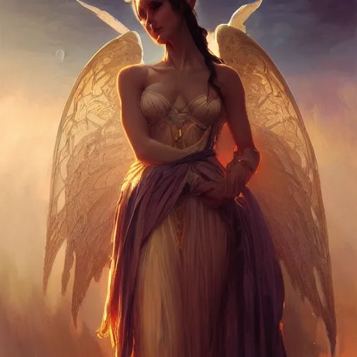 Image similar to Beautiful angel, fantasy magic, dramatic lighting, golden hour, close to night, intricate, elegant, sharp focus, illustration, highly detailed, digital painting, concept art, matte, art by WLOP and Artgerm and Greg Rutkowski and Alphonse Mucha, masterpiece