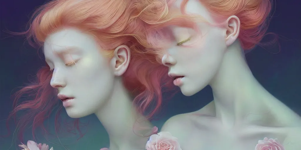 Image similar to highly detailed pastel colors of an ethereal ginger beauty morphing gradually into flowers, by artgerm and hsiao - ron cheng, smooth composition, fine patterns and detail