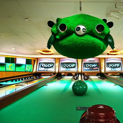 Image similar to cinematic photo of a giant taxidermized furry green crab in a bowling alley