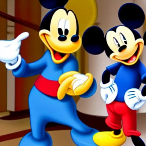 Image similar to Mickey Mouse invites Donald Duck and Goofy to dine in a very fancy restaurant.