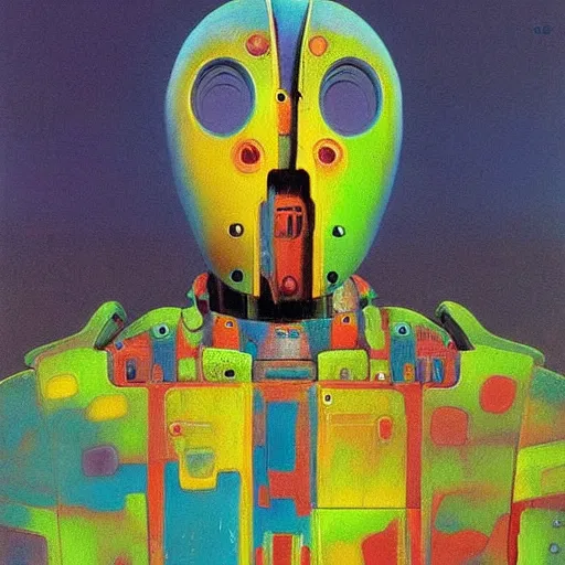 Prompt: portrait of a colourful african tribal mecha robot, painting by zdzislaw beksinski,