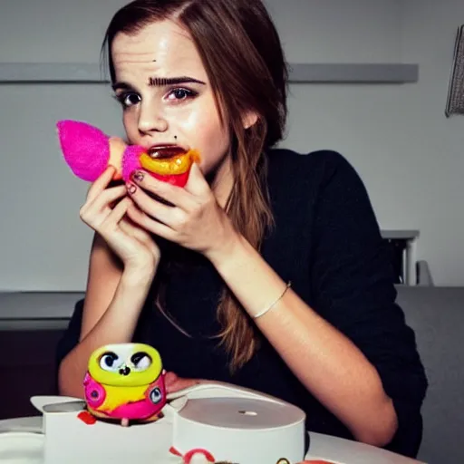 Prompt: Emma Watson eating Furby with ketchup