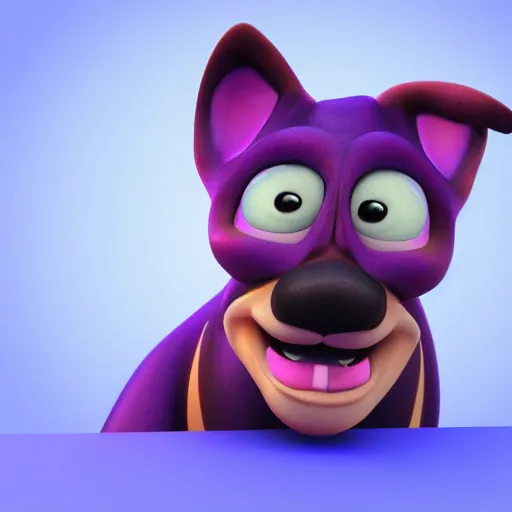 Image similar to an 3d render of a purple dog character, in the style of disney, pixar, mixed media collage, highly detailed, 8k resolution