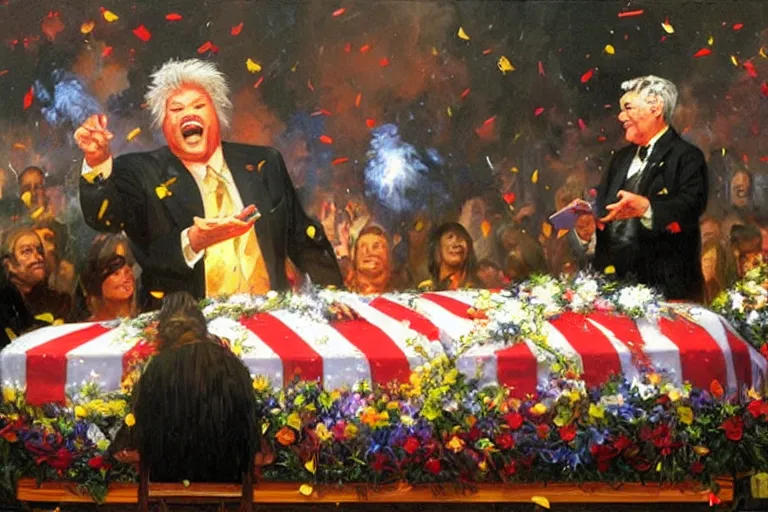 Image similar to portrait of rip taylor throwing confetti during a funeral service, an oil painting by ross tran and thomas kincade