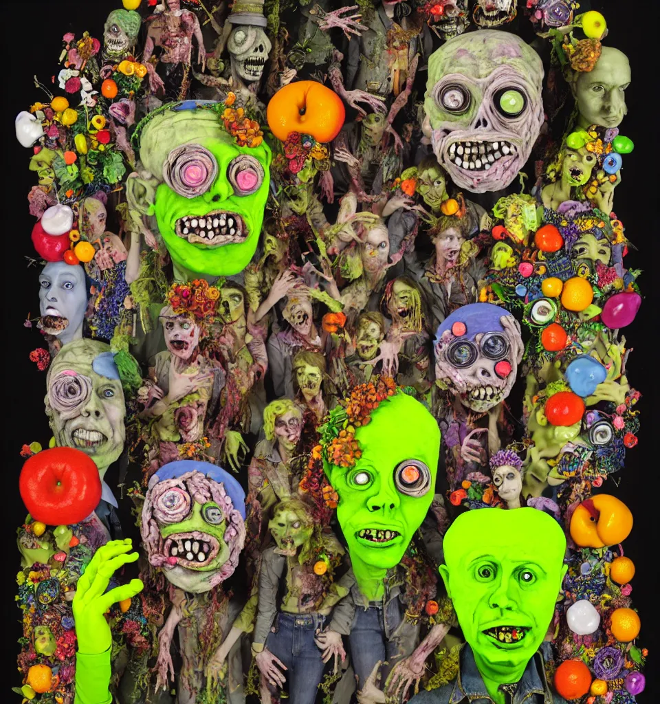 Image similar to portrait of a zombie punks as the three fates, jeans jackets, head made of fruit gems and flowers in the style of arcimboldo, basil wolverton, kenny scharf, action figure, clay sculpture, claymation, green and neon lighting, rainbow stripe background