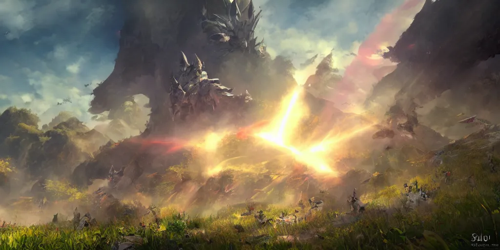 Image similar to guild wars 2, cinematic battlefield, god rays, digital art, high detail by Studio ghibli