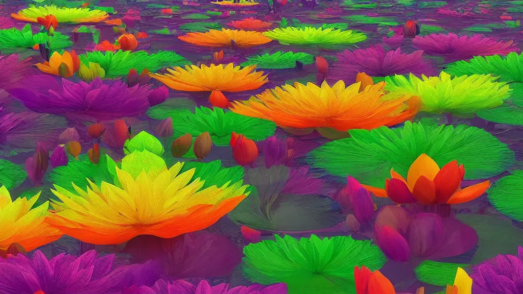 Image similar to digital illustration of a lake full of multi - colored megaflora lotus flowers by dr. seuss, reimagined by ilm and beeple : 1 | spectral color, electric color, rolling hills : 0. 9 | fantasy : 0. 9 | unreal engine, deviantart, artstation, hd, 8 k resolution : 0. 8