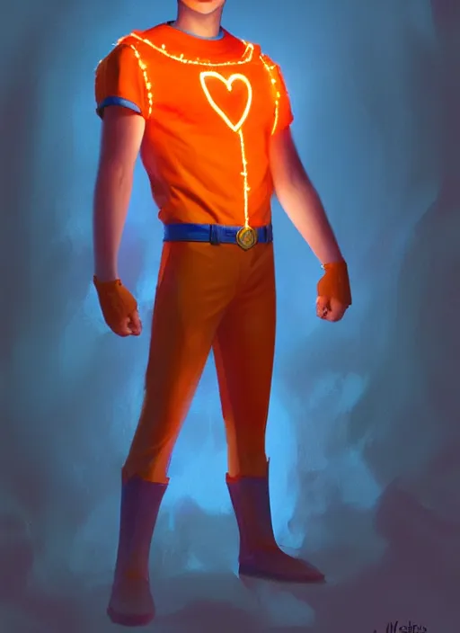 Prompt: kind teenage archie andrews wearing an orange superhero costume, superhero costume with heart emblem, intricate, elegant, glowing lights, highly detailed, digital painting, artstation, sharp focus, illustration, art by wlop, mars ravelo and greg rutkowski