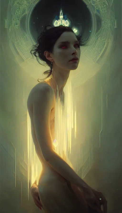 Image similar to symmetry!! portrait of a beautiful necromancer princess, sci - fi, glowing lights!! intricate, elegant, highly detailed, digital painting, artstation, concept art, smooth, sharp focus, illustration, ethereal, ominous, misty, by ruan jia and jeremy mann and alphonse mucha, 8 k