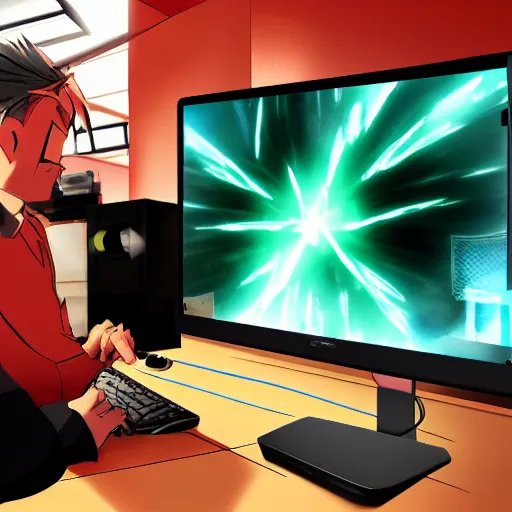 Prompt: angry weeb fan destroy his monitor and smashes his keyboard into the wall after genshin impact shut down, realistic, hdr, clear image, hdd, dynamic lighting, rtx on,