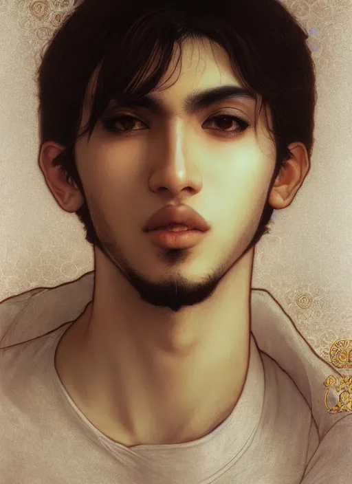 Image similar to beautiful medium shot portrait of a young arabic man inspired by ayami kojima with short hair dressed with a white t - shirt looking into the camera from three - quarters, white background white bank studio light, art by yoshitaka amano, alfons mucha, final fantasy, high quality, 8 k