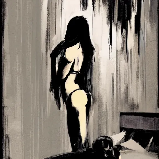 Image similar to gal godat in a noir hotel room by jeffrey catherine jones