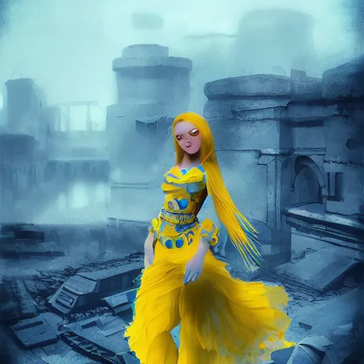 Prompt: ukrainian girl with blue and yellow clothes near big ruined city, concept art, trending on artstation, highly detailed, intricate, sharp focus, digital art, 8 k