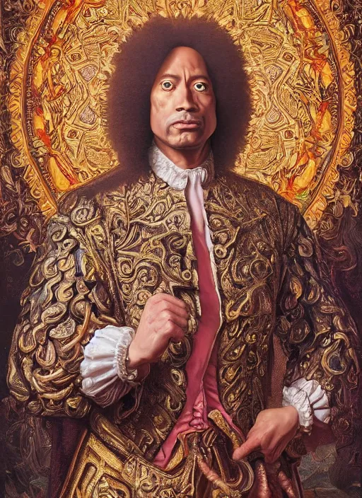 Image similar to beautiful baroque oil painting, full length portrait of Dwayne the rock Johnson as Louis xiv in coronation robes 1701, Dan Mumford, Dan Mumford, Alex grey, Alex grey, highly detailed , lsd visuals, dmt fractal patterns, hallucinogen, visionary art, psychedelic art, ornate, vaporwave