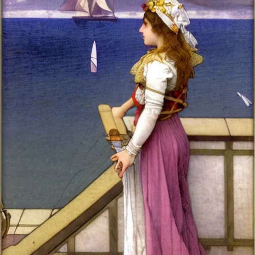 Image similar to A jester girl behind the beach castle balustrade, sail boat on the background, major arcana clothes, by paul delaroche, alphonse mucha and arnold böcklin arnold böcklin hyperrealistic 8k, very detailed