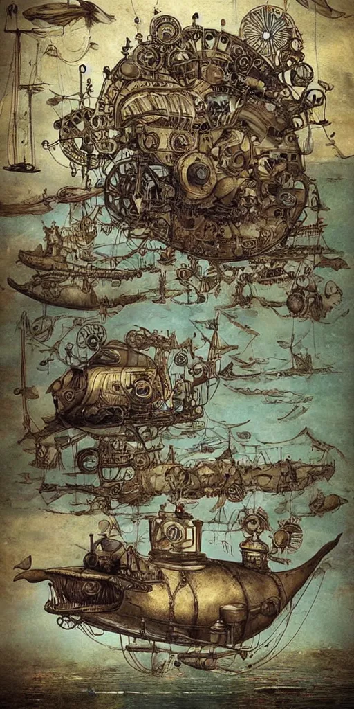 Image similar to a vintage steampunk living whale submarine by alexander jansson and where's waldo and leonardo da vinci