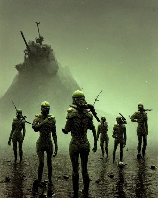 Image similar to group of sardaukar soldiers in a chlorine swamp, green hour, retrofuturism sci - fi old movie, highly detailed, photorealistic, 8 k, by beksinski and stalenhag