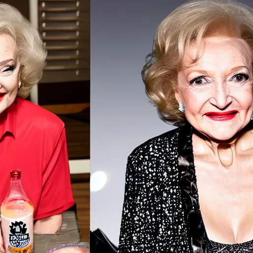 Image similar to betty white drinking white claw with miley cyrus