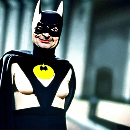 Image similar to mr. bean as batman 1 9 6 6. movie still. cinematic lighting.