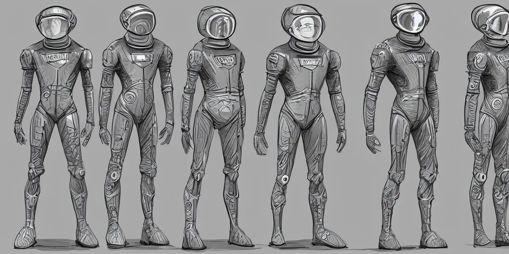 Image similar to male, space suit, large shoulders, short torso, long thin legs, cartoon proportions, tiny feet, character sheet, digital sketch, very stylized, concept design, by jean giraud