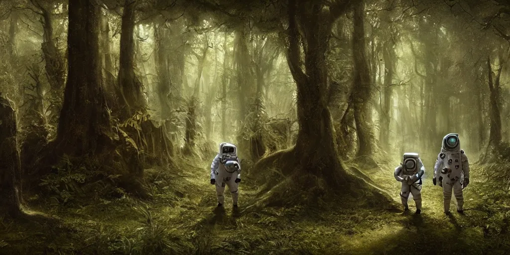 Prompt: an astronaut and a strange furry creature in a forest, a detailed matte painting by frieke janssens, featured on cgsociety, fantasy art, matte painting, reimagined by industrial light and magic, matte drawing