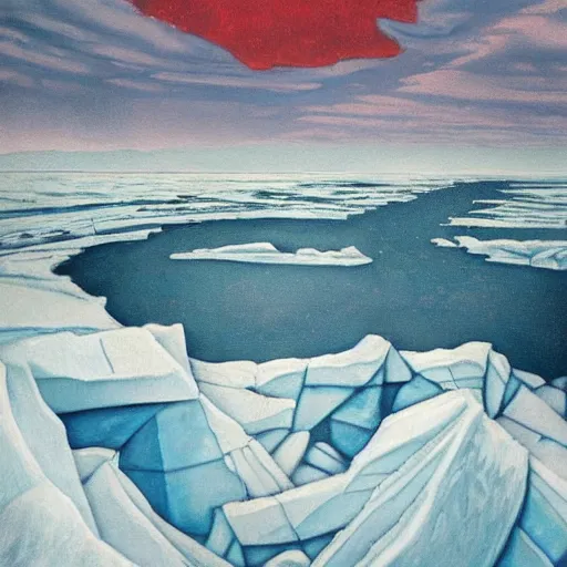 Image similar to horrific painting of an ice floe meeting magma!!!!!! in the middle, in the style of vintage photography, textured, skewed perspective, last photo ever taken, apocalyptic event, red color palette on left side and blue color palette on right side